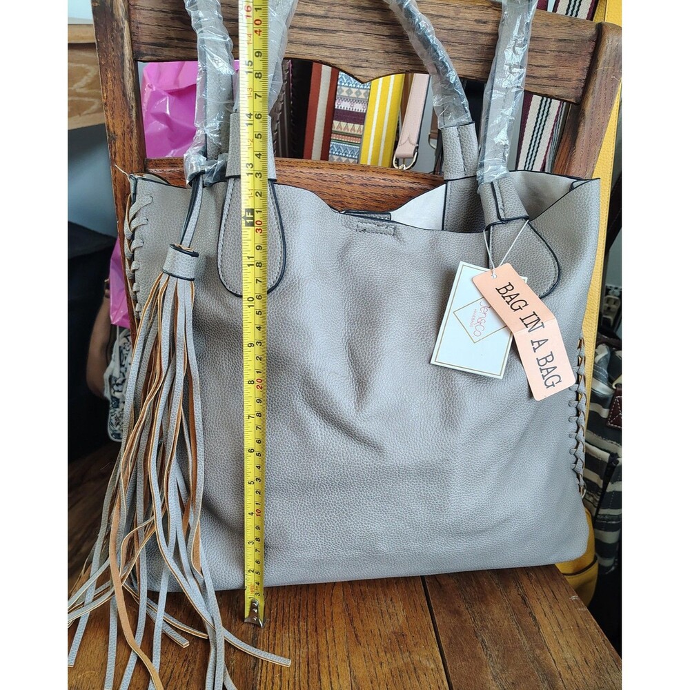 Jen Co Tote Large Gray Bag In A Bag Tassel Pouch Purse Vegan Faux Leather Beige - Picture 5 of 16